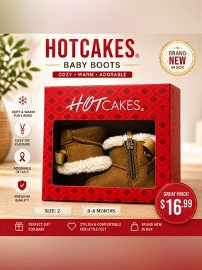 Hot Cakes Baby Boots in Brown with White Faux Fur Size 2 NIB